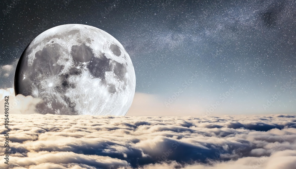 Fototapeta premium Beautiful Full Moon Over Cloudy Night Sky Enchanting Lunar View