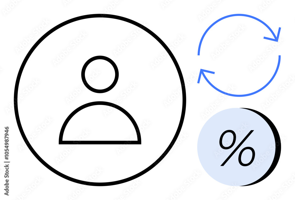 Simplified user profile icon inside a circle, blue refresh arrows on the top right, and a percentage symbol at the bottom right. Ideal for profiles, updates, statistics, progress, calculations Simplified user profile icon inside a circle, blue refresh arrows on the top right, and a percentage symbol at the bottom right. Ideal for profiles, updates, statistics, progress, calculations
