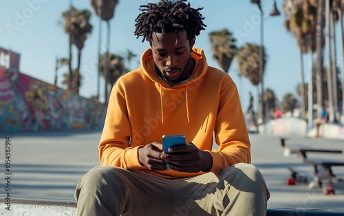 fit african american skater sitting down to look at smart phone at santa monica photo