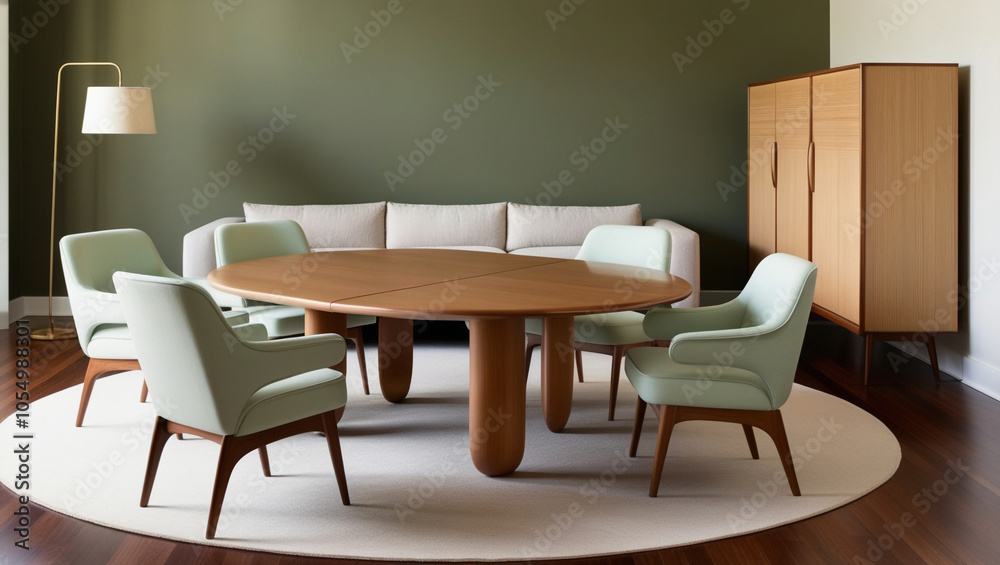 Mint color chairs at round wooden dining table in room with sofa and cabinet near green wall. Medieval scandinavian house interior design of modern living room Mint color chairs at round wooden dining table in room with sofa and cabinet near green wall. Medieval scandinavian house interior design of modern living room