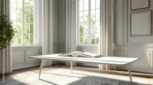 A white room with a white table and a book on it