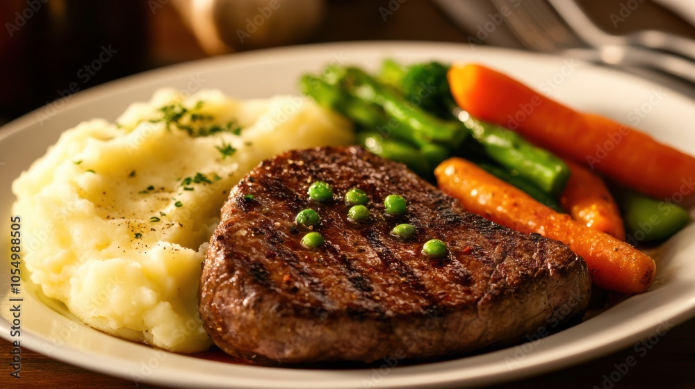Exquisite image of a tender steak served with rich mashed potatoes and well-seasoned Exquisite image of a tender steak served with rich mashed potatoes and well-seasoned