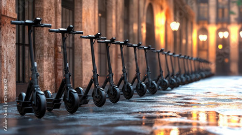 Modern electric scooters lined up in smart city environment, showcasing urban mobility solutions. scene captures sleek fleet ready for use, reflecting innovation and convenience