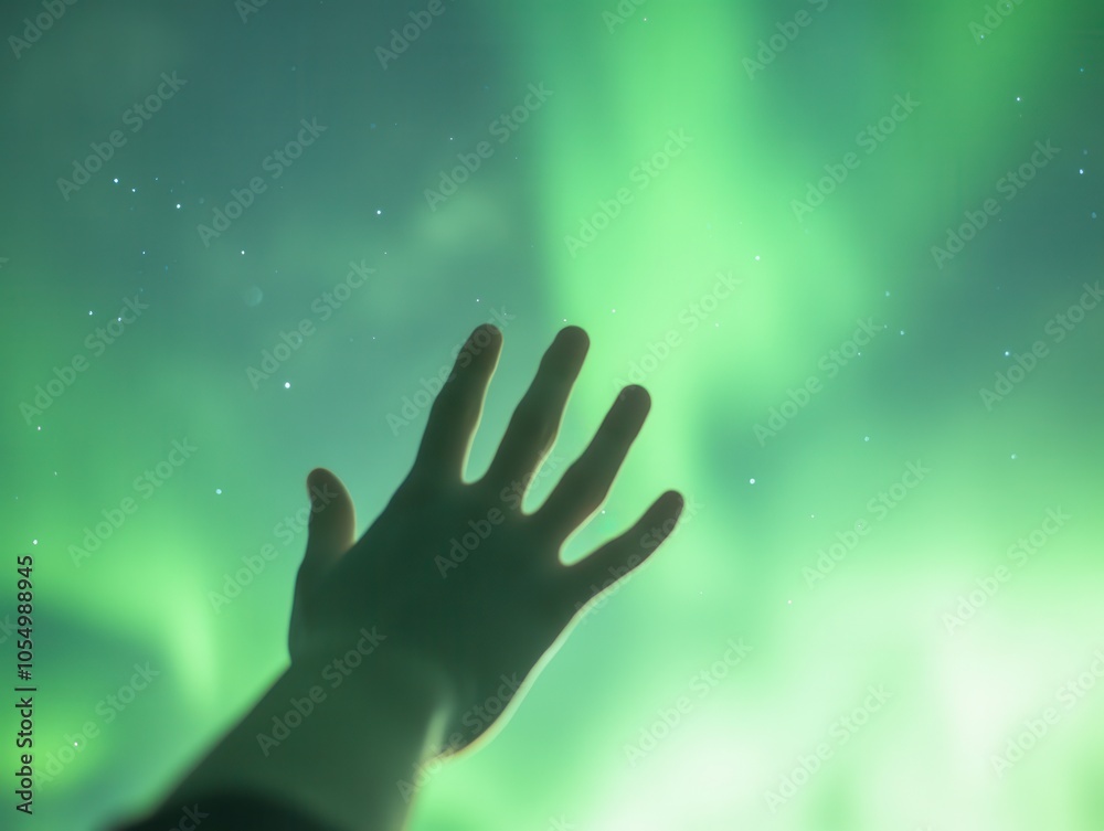 A hand reaches toward the mesmerizing green hues of the aurora borealis, creating a sense of wonder and connection with nature. A hand reaches toward the mesmerizing green hues of the aurora borealis, creating a sense of wonder and connection with nature.