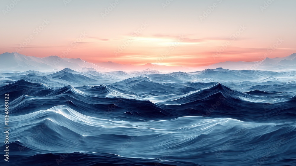 Gentle waves rolling under a colorful sunset over a serene ocean landscape