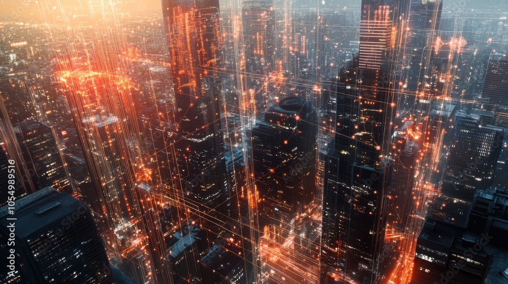 Futuristic urban view with a mesh of AI-generated lines and dots connecting buildings Futuristic urban view with a mesh of AI-generated lines and dots connecting buildings