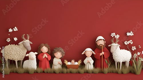 4K Realistic Animation of A nativity scene with shepherds, red background photo