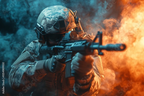 Epic elite soldier engaged in combat with weapon amidst virtual elements in counter strike style photo