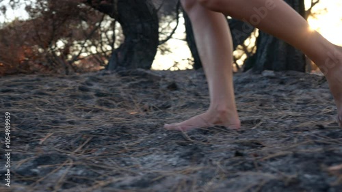 Woman feet walking burned forest ashes