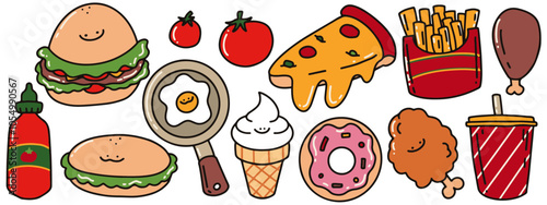 Cute Hand drawn Doodle Food sweet beverage Pizza French fried Egg Hamburger Sandwich Fried chicken Donut Ice cream vol01, illustration vector