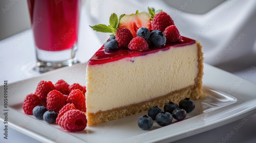 High-quality image of a single slice of cheesecake garnished with fresh strawberries, High-quality image of a single slice of cheesecake garnished with fresh strawberries,