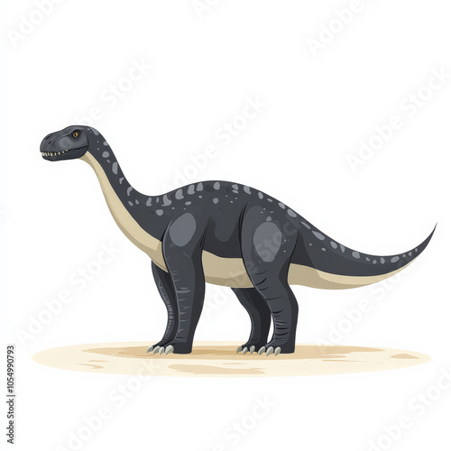 modern flat design illustration of dinosaur, showcasing its unique features and stance. This dinosaur stands on light sandy surface, emphasizing its size and shape photo