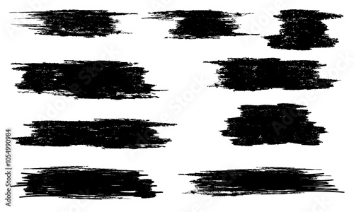 Set of dynamic black brush strokes, varying in size and direction, creating a sense of movement and energy. Vector ink strokes for drawing, background for text, design elements in the grunge style.