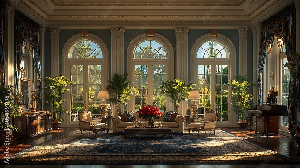 A luxurious living room with large arched windows, a plush sofa, armchairs, and a grand piano. Sunlight streams through the windows, illuminating the room.