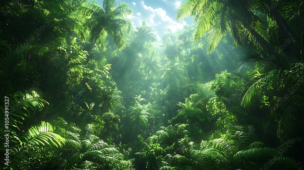 Lush tropical jungle with sunlight shining through the leaves. Lush tropical jungle with sunlight shining through the leaves.
