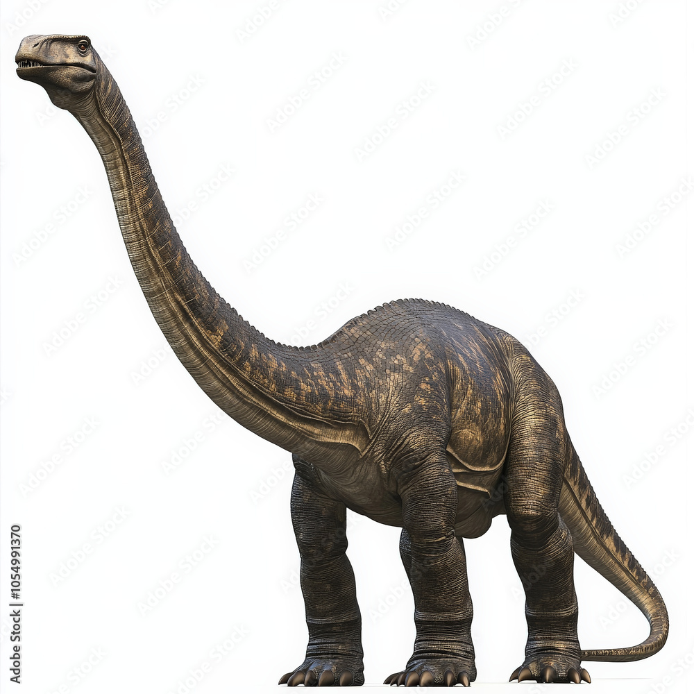 Obraz premium Diplodocus dinosaur with long neck and sturdy body, standing on white background, showcasing its unique features and design