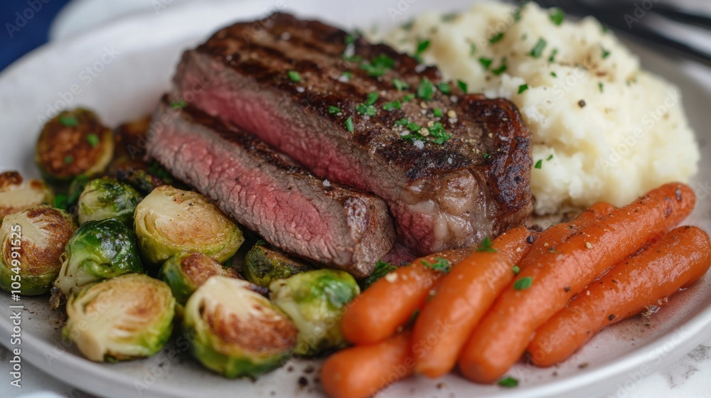 Juicy ribeye steak with creamy mashed potatoes and perfectly roasted Brussels sprouts Juicy ribeye steak with creamy mashed potatoes and perfectly roasted Brussels sprouts