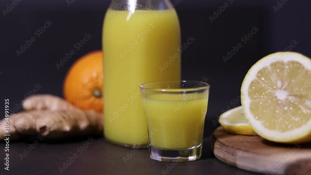 Homemade orange, lemon and ginger drink in a glass bottle with a small shot glass on kitchen table, blurry background Homemade orange, lemon and ginger drink in a glass bottle with a small shot glass on kitchen table, blurry background