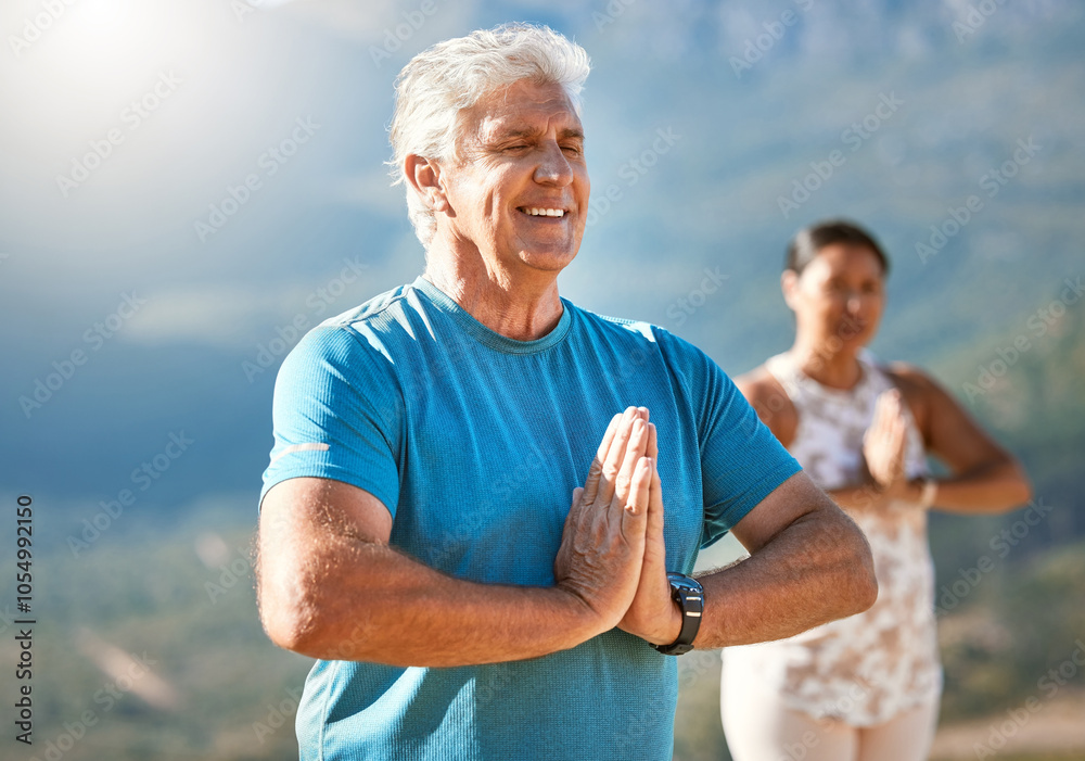 Yoga class, happy man and namaste to meditate in nature for fitness, body health and peace outdoor. Spiritual, calm and senior people with prayer hands for breathing exercise, chakra and mindfulness Yoga class, happy man and namaste to meditate in nature for fitness, body health and peace outdoor. Spiritual, calm and senior people with prayer hands for breathing exercise, chakra and mindfulness