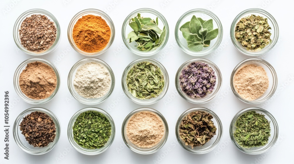 Macro shot of Thai medicinal herbs and their powdered forms displayed individually Macro shot of Thai medicinal herbs and their powdered forms displayed individually