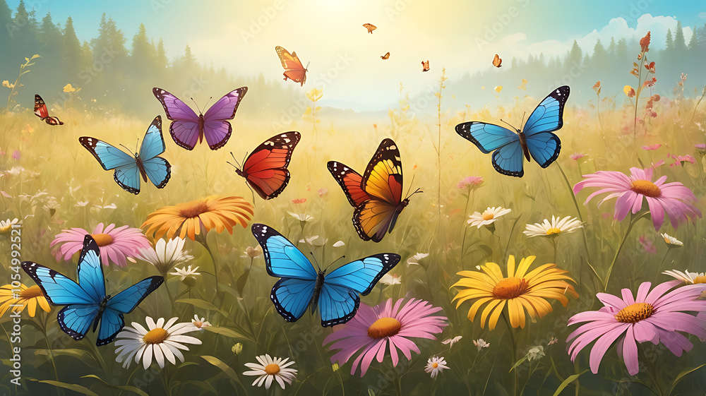 Illustration of a group of colorful butterflies resting on wildflowers in a sunlit meadow, showcasing the beauty of nature and tranquility Illustration of a group of colorful butterflies resting on wildflowers in a sunlit meadow, showcasing the beauty of nature and tranquility