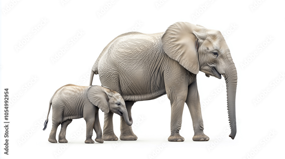 Fototapeta premium Elegant Mother and Baby Elephant Walking Side by Side Isolated on White Background. Showcasing Bond and Family Connection in Nature. Image Made Using Generative AI.