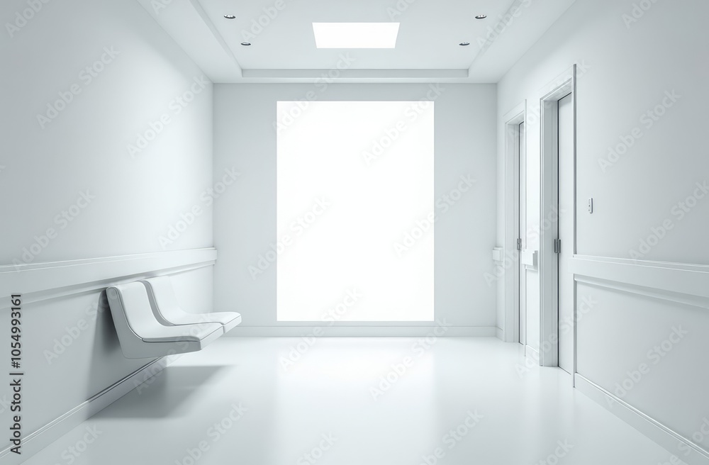 Modern white corridor interior with empty white mock up banner, seats and doors. Hospital or office concept Modern white corridor interior with empty white mock up banner, seats and doors. Hospital or office concept