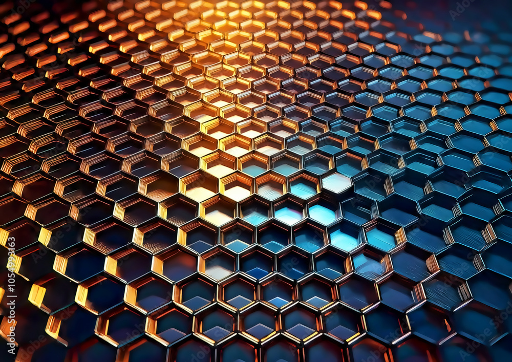 3D rendering of abstract metallic background with hexagons in orange and blue colors 3D rendering of abstract metallic background with hexagons in orange and blue colors