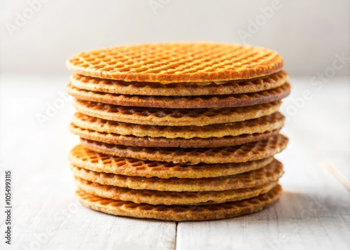 A stack of fresh stroopwafels on a white background, showcasing delicious Dutch treats. Crispy caramel cookies, layered gourmet desserts, perfect for a sweet snack experience.