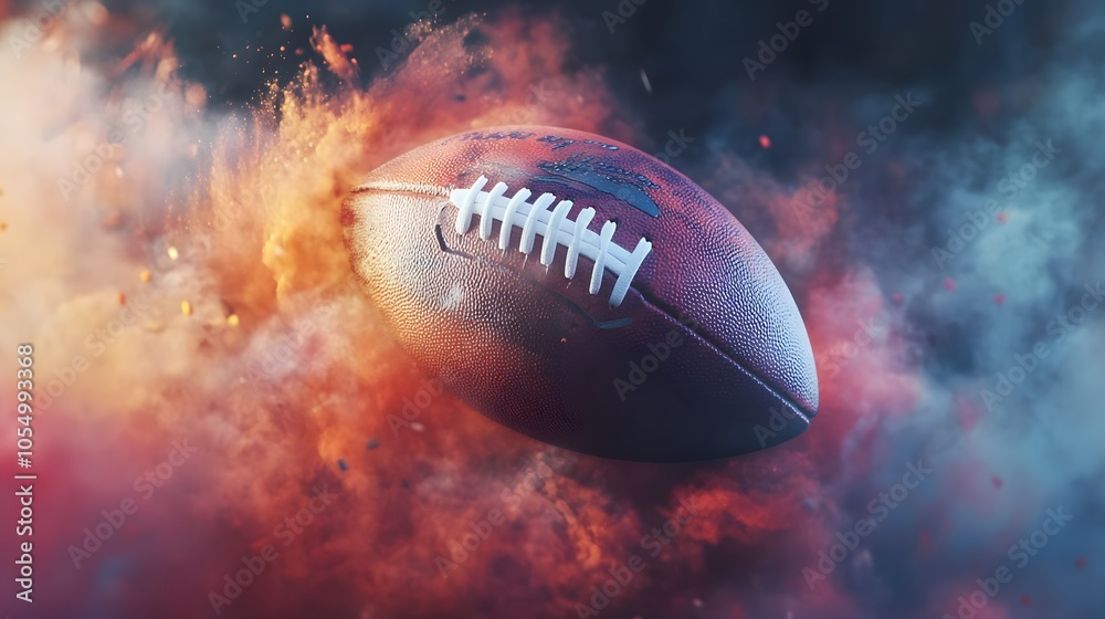 The ball is speeding of american football with colorful dust effect The ball is speeding of american football with colorful dust effect