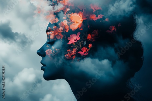 A woman s profile surrounded by flowers and dark clouds, representing mental health and inner beauty