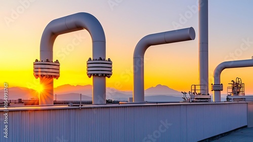 Industrial chemical facility exterior at dawn, large tanks and pipes, breathtaking mountain view in the background, warm natural light photo