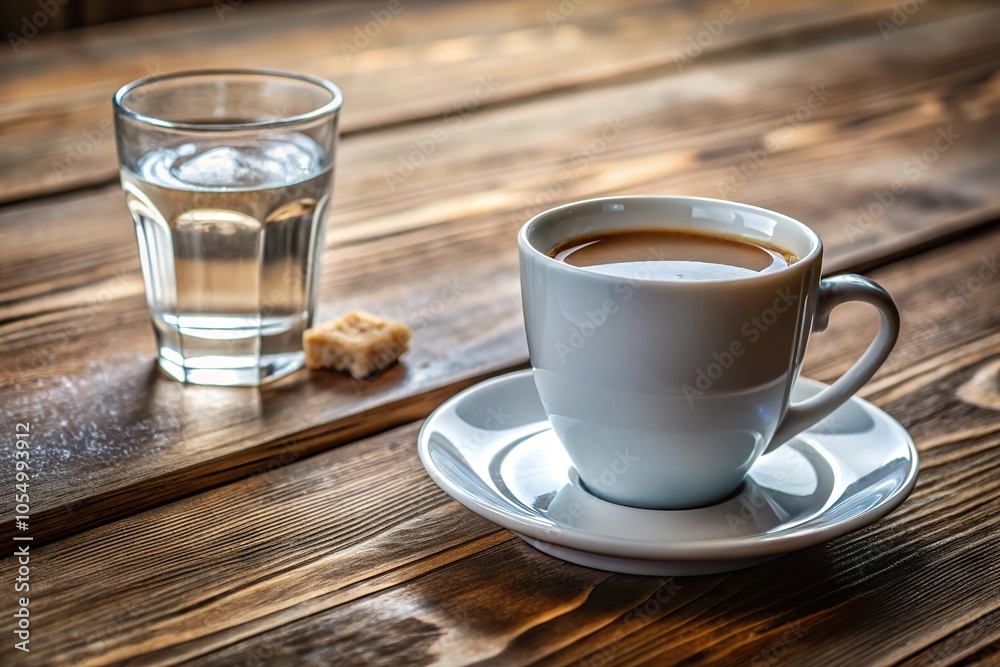 white coffee cup and glass of water on elegant wooden table white coffee cup and glass of water on elegant wooden table