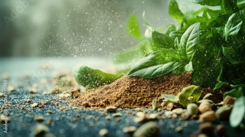 Photorealistic close-up of Thai herbs with their powdered counterparts on a transparent photo