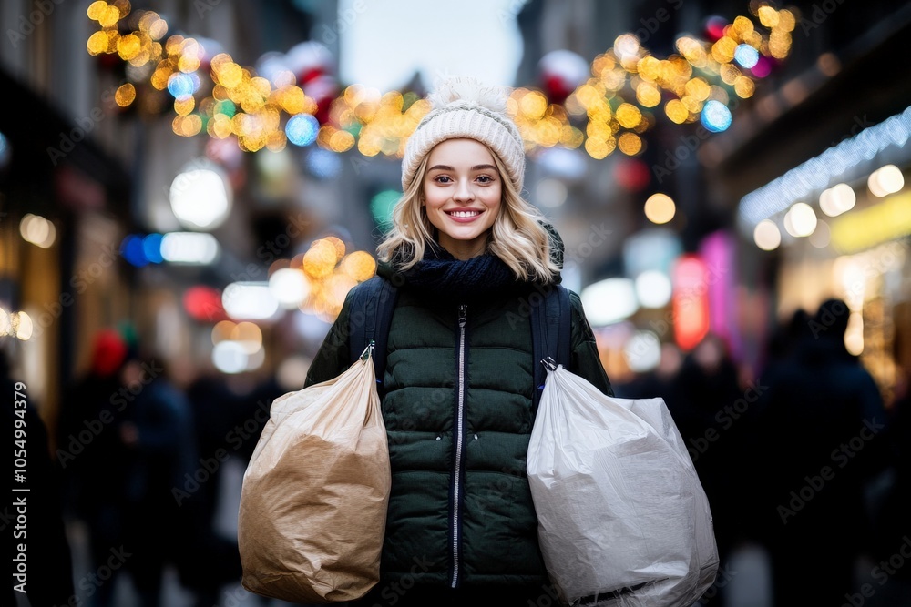 A cheerful woman in a winter hat and coat stands on a bustling street adorned with festive lights, holding multiple shopping bags, capturing the holiday spirit. A cheerful woman in a winter hat and coat stands on a bustling street adorned with festive lights, holding multiple shopping bags, capturing the holiday spirit.