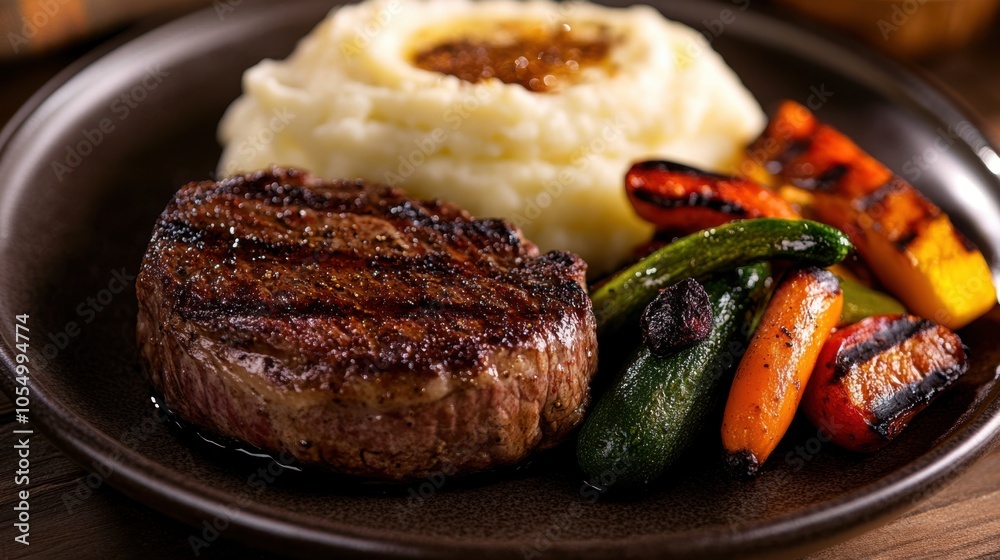 Realistic image of a well-seasoned steak with smooth mashed potatoes Realistic image of a well-seasoned steak with smooth mashed potatoes