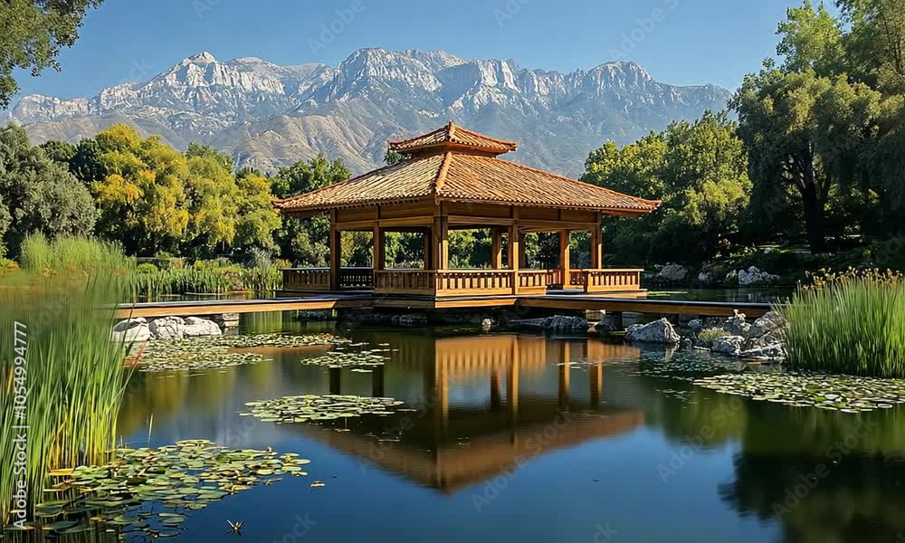 Serene pavilion by a tranquil pond with mountains in the background. Serene pavilion by a tranquil pond with mountains in the background.
