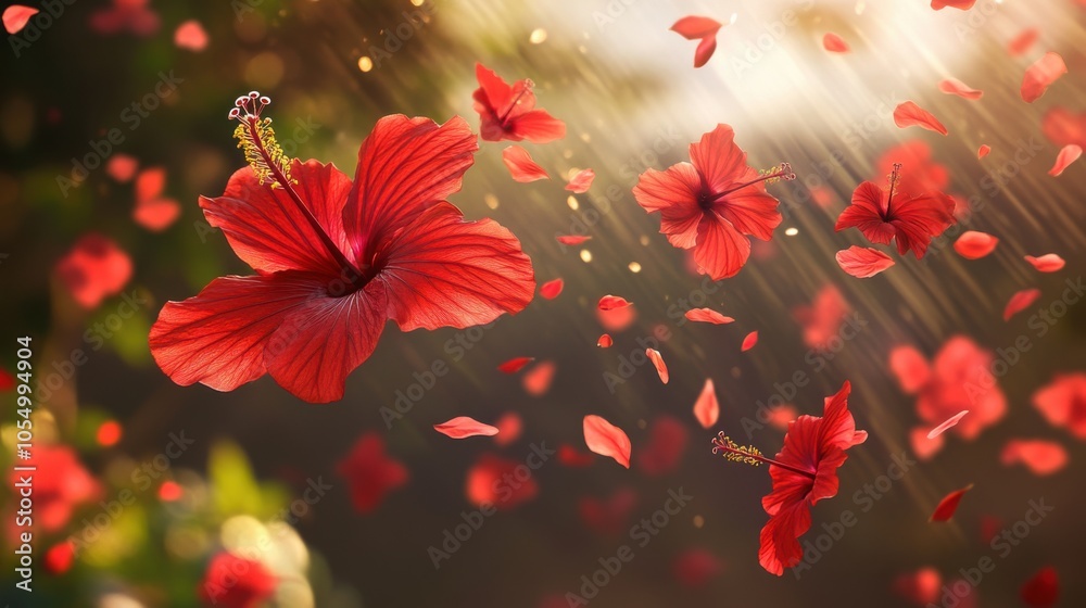 Red hibiscus petals gently scattered by a spring breeze, hovering in mid-air Red hibiscus petals gently scattered by a spring breeze, hovering in mid-air
