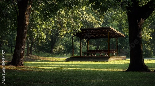 Empty Picnic Pavilion in a Lush Green Park during Sunrise