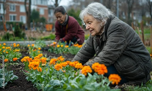 Wallpaper Mural Two women gardening among vibrant orange flowers. Torontodigital.ca