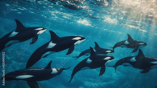 Orcas Swimming in a Sunlit Ocean