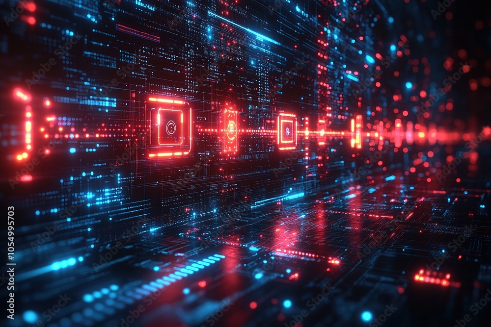 Abstract digital data flow with red and blue glowing lines and squares in a dark background. Abstract digital data flow with red and blue glowing lines and squares in a dark background.
