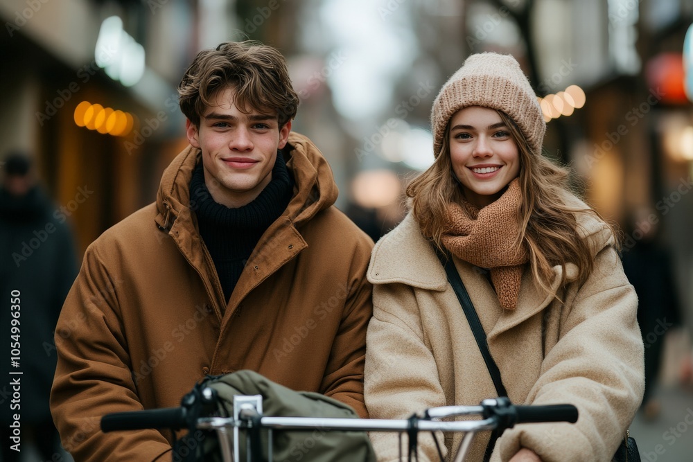 Fototapeta premium A young couple wearing winter jackets and beanies smile happily while standing with their bicycles on a city street lined with lights, capturing a cozy winter moment.