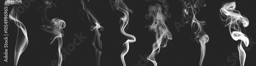 A set of white smoke, isolated on a black background. A collection of various smoke shapes and forms. Texture for design or effect in graphics