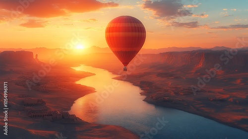 A serene hot air balloon floats above a river at sunset, showcasing a tranquil landscape.