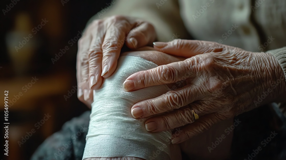 Fototapeta premium Elderly hands carefully bandaging a knee injury, warm indoor atmosphere