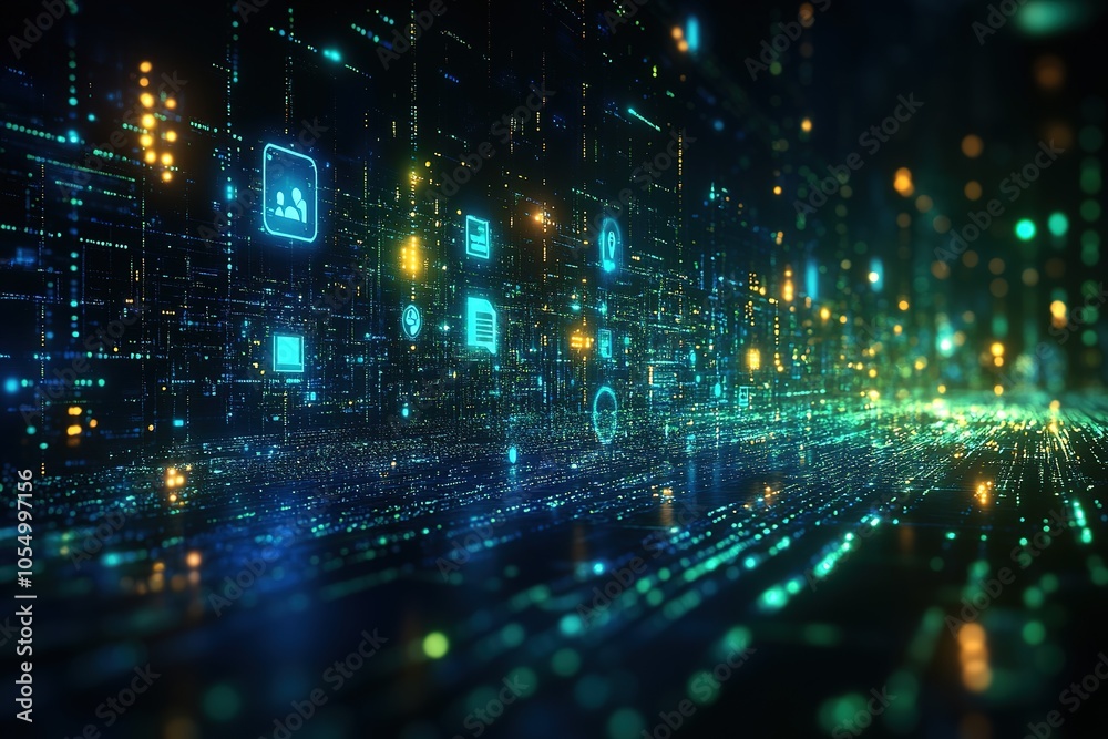 Abstract digital data stream with glowing icons in a futuristic cyberspace. Abstract digital data stream with glowing icons in a futuristic cyberspace.