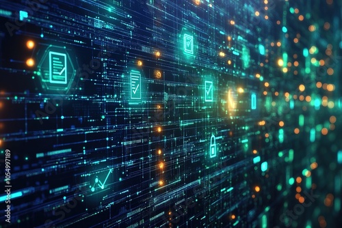 Wallpaper Mural Abstract digital data stream with glowing icons representing network, security, and technology. Torontodigital.ca