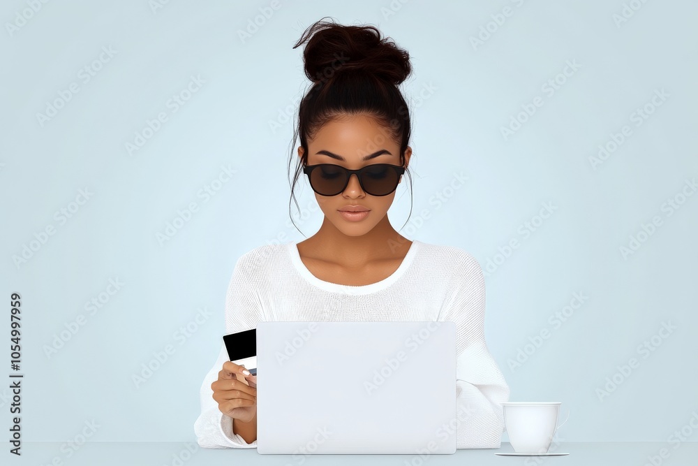 A woman wearing sunglasses is focused on online shopping, using her laptop while holding a credit card, portraying a modern digital shopping experience. A woman wearing sunglasses is focused on online shopping, using her laptop while holding a credit card, portraying a modern digital shopping experience.