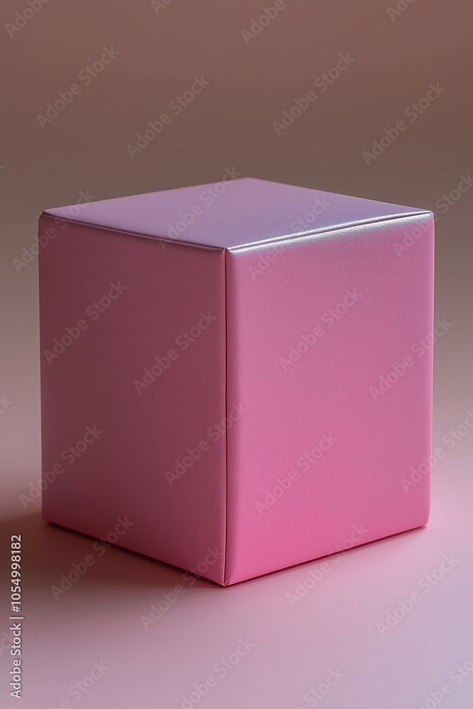 Pink cube sitting on pink surface creating subtle shadow